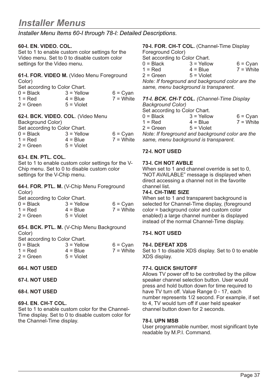 Installer menus | Zenith H20H52DT User Manual | Page 37 / 52