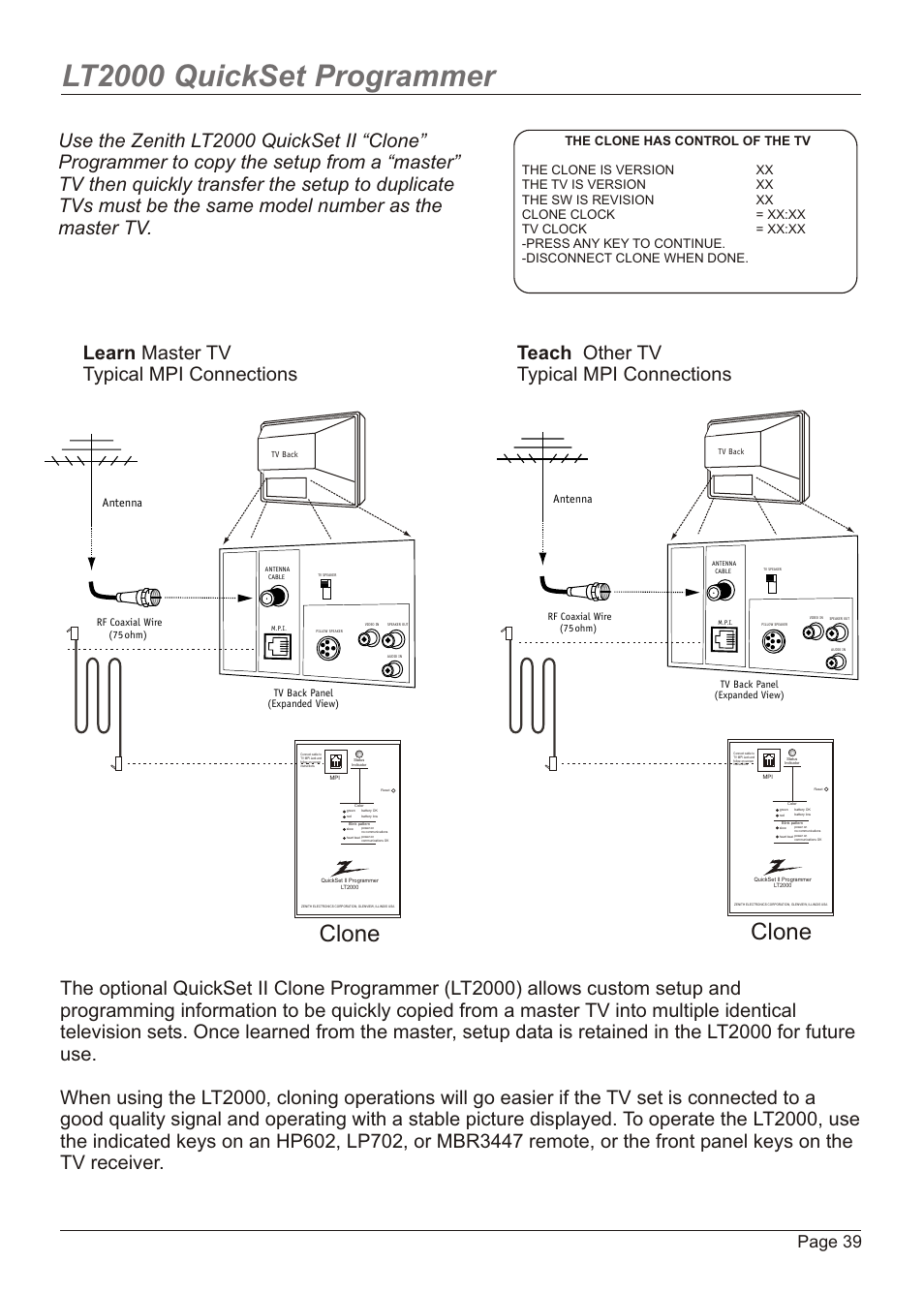 Lt2000 quickset programmer, Clone, Page 39 | Antenna | Zenith H20H52DT User Manual | Page 39 / 52