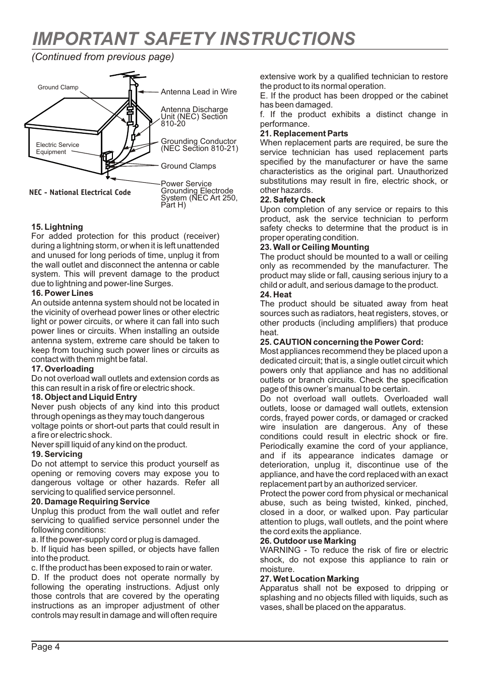 Important safety instructions, Continued from previous page) | Zenith H20H52DT User Manual | Page 4 / 52