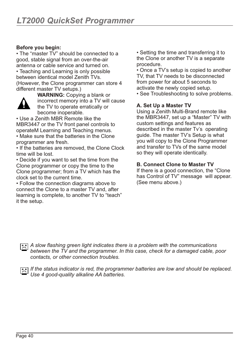 Lt2000 quickset programmer | Zenith H20H52DT User Manual | Page 40 / 52