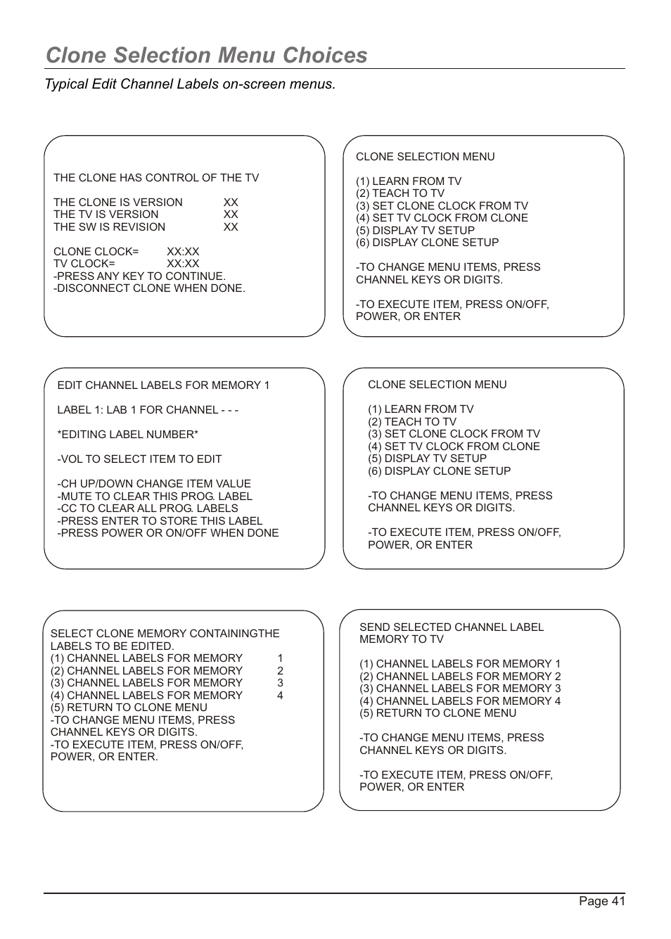 Clone selection menu choices, Typical edit channel labels on-screen menus | Zenith H20H52DT User Manual | Page 41 / 52