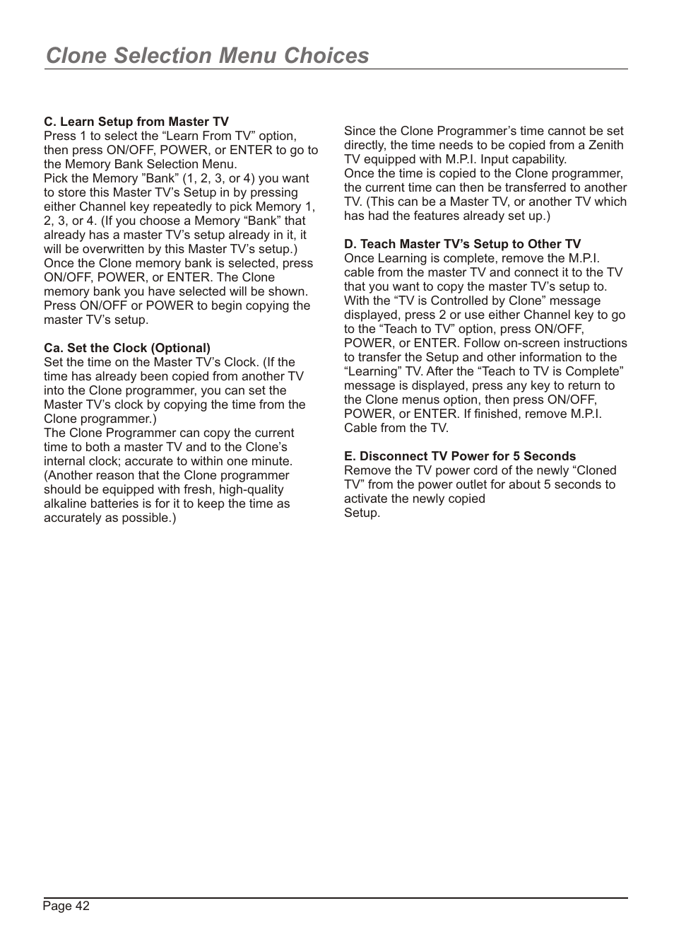 Clone selection menu choices | Zenith H20H52DT User Manual | Page 42 / 52
