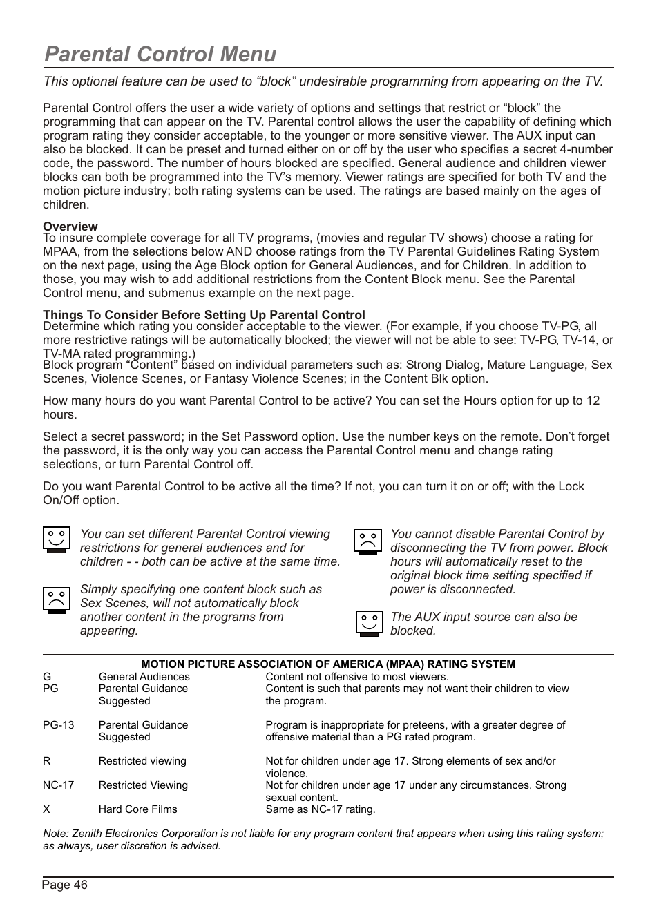 Parental control menu | Zenith H20H52DT User Manual | Page 46 / 52