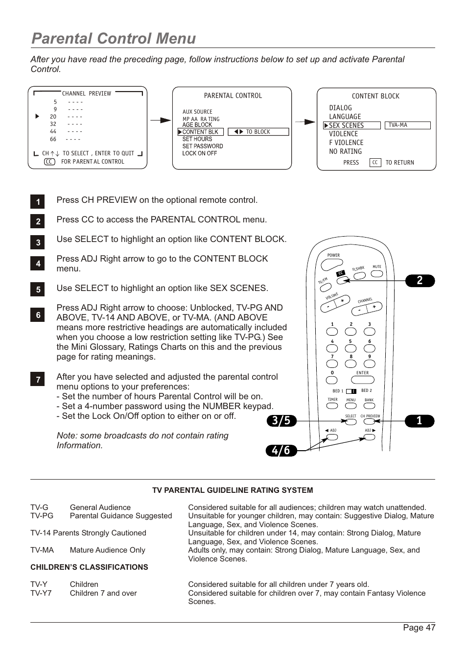 Parental control menu, Page 47 | Zenith H20H52DT User Manual | Page 47 / 52