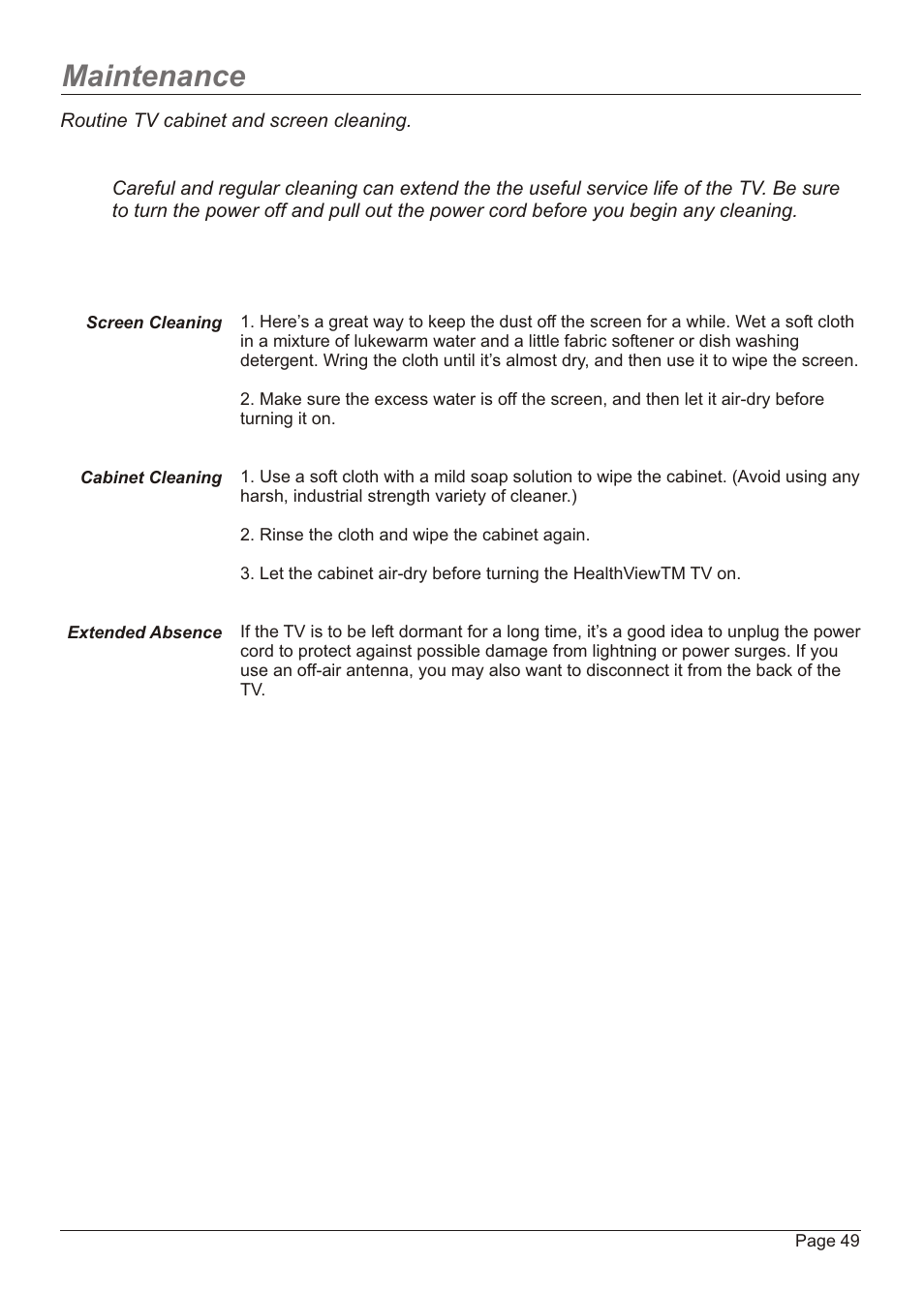Maintenance | Zenith H20H52DT User Manual | Page 49 / 52
