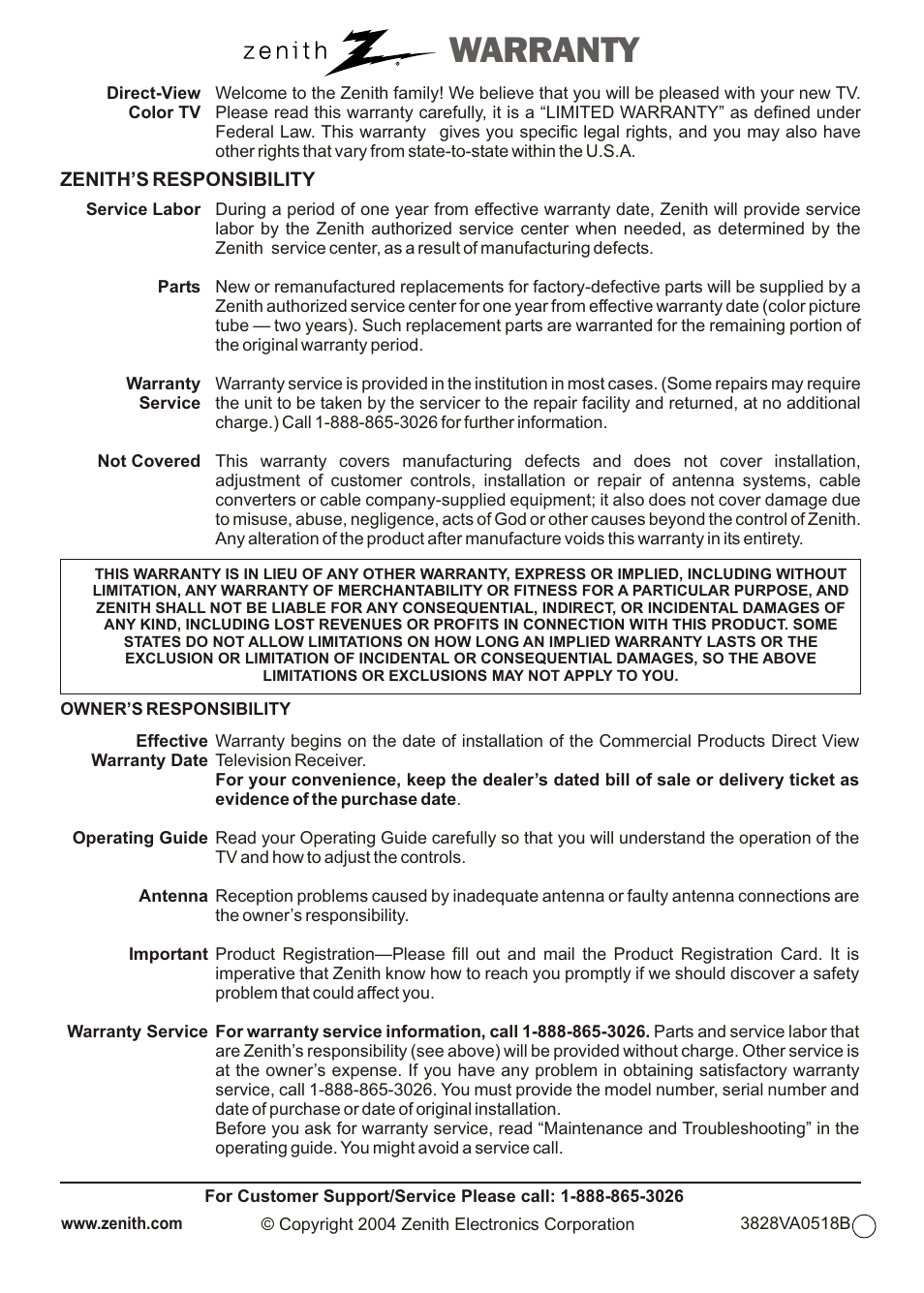 Warranty | Zenith H20H52DT User Manual | Page 52 / 52