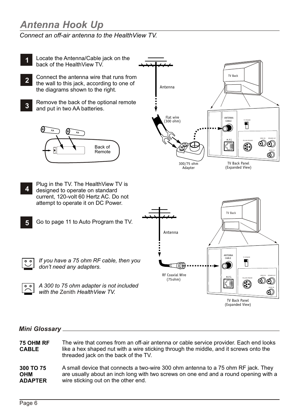 Antenna hook up, Connect an off-air antenna to the healthview tv, Mini glossary | Zenith H20H52DT User Manual | Page 6 / 52