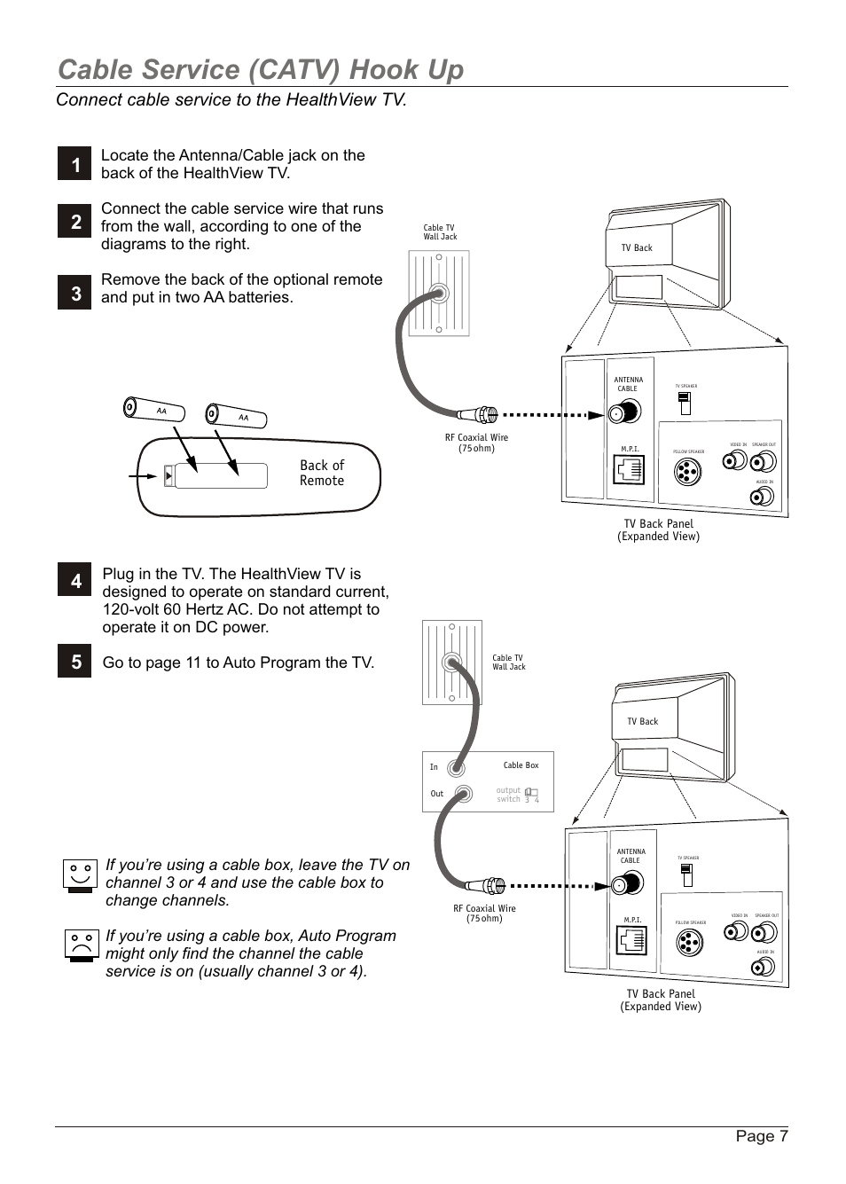 Cable service (catv) hook up, Connect cable service to the healthview tv, Back of remote | Zenith H20H52DT User Manual | Page 7 / 52