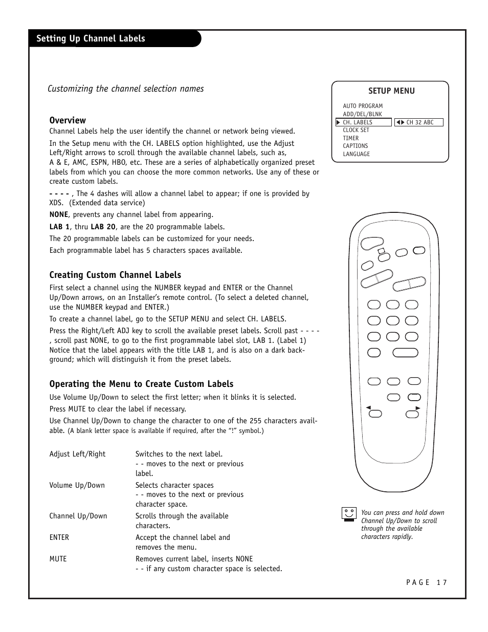 Overview, Creating custom channel labels, Operating the menu to create custom labels | Setup menu | Zenith CONCIERGE H25F39DT User Manual | Page 17 / 44