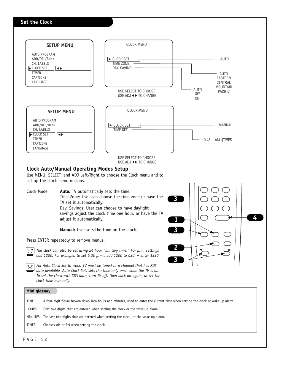 Set the clock, Clock auto/manual operating modes setup, Setup menu | Zenith CONCIERGE H25F39DT User Manual | Page 18 / 44