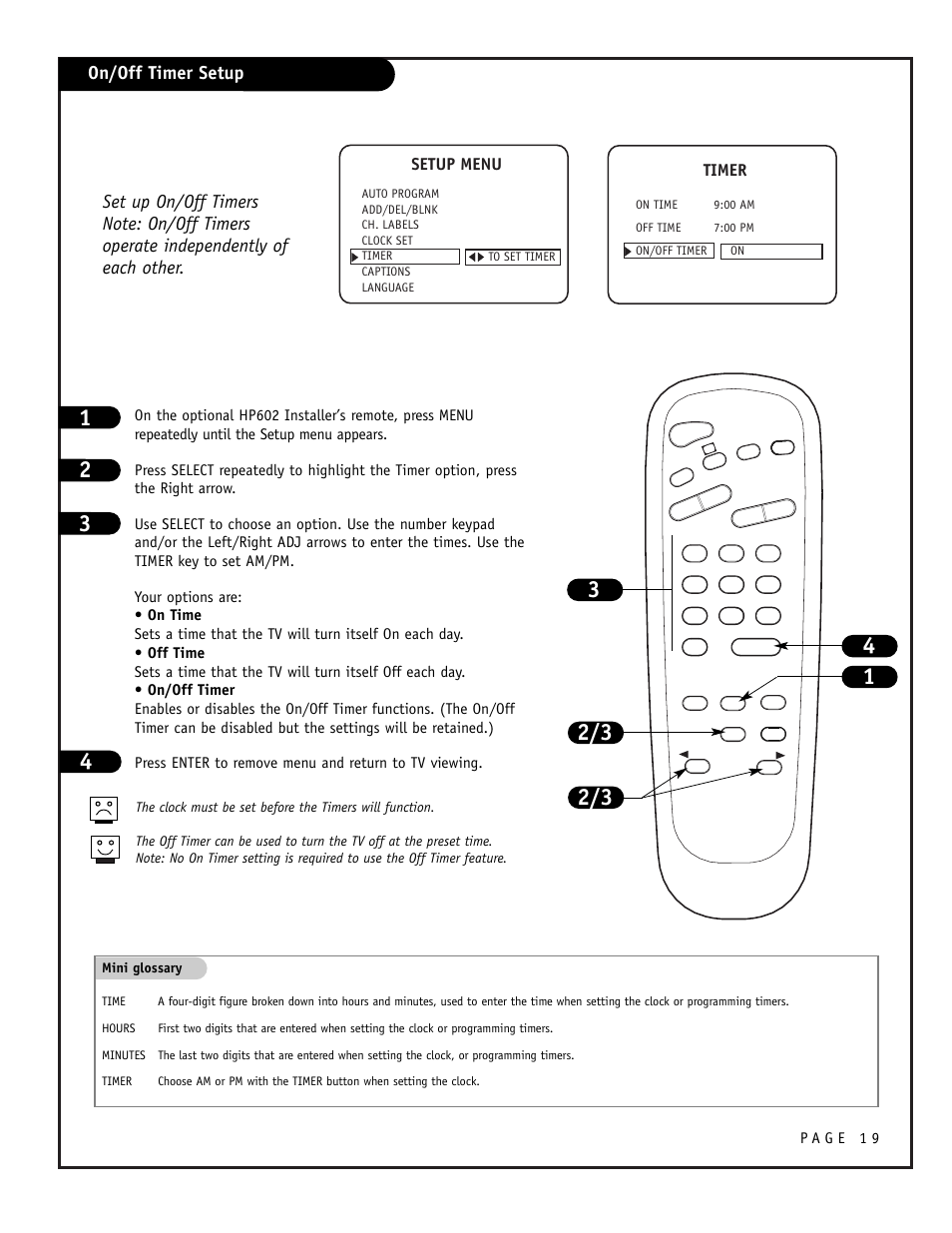 On/off timer setup, Timer, Setup menu | Zenith CONCIERGE H25F39DT User Manual | Page 19 / 44