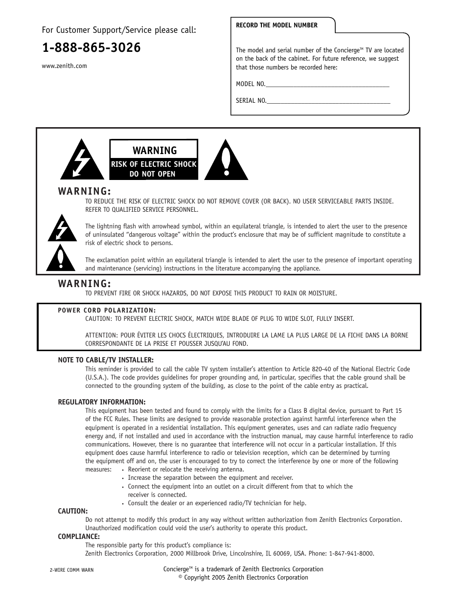 Warning, For customer support/service please call | Zenith CONCIERGE H25F39DT User Manual | Page 2 / 44