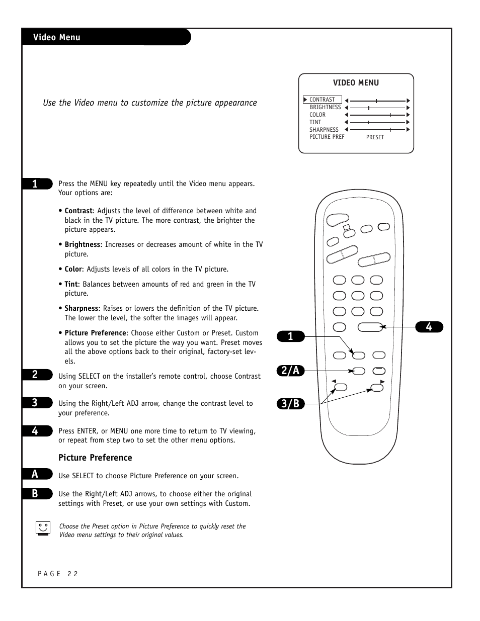 12 3 4 a, 2/a 4 3/b b 1, Video menu | Picture preference | Zenith CONCIERGE H25F39DT User Manual | Page 22 / 44