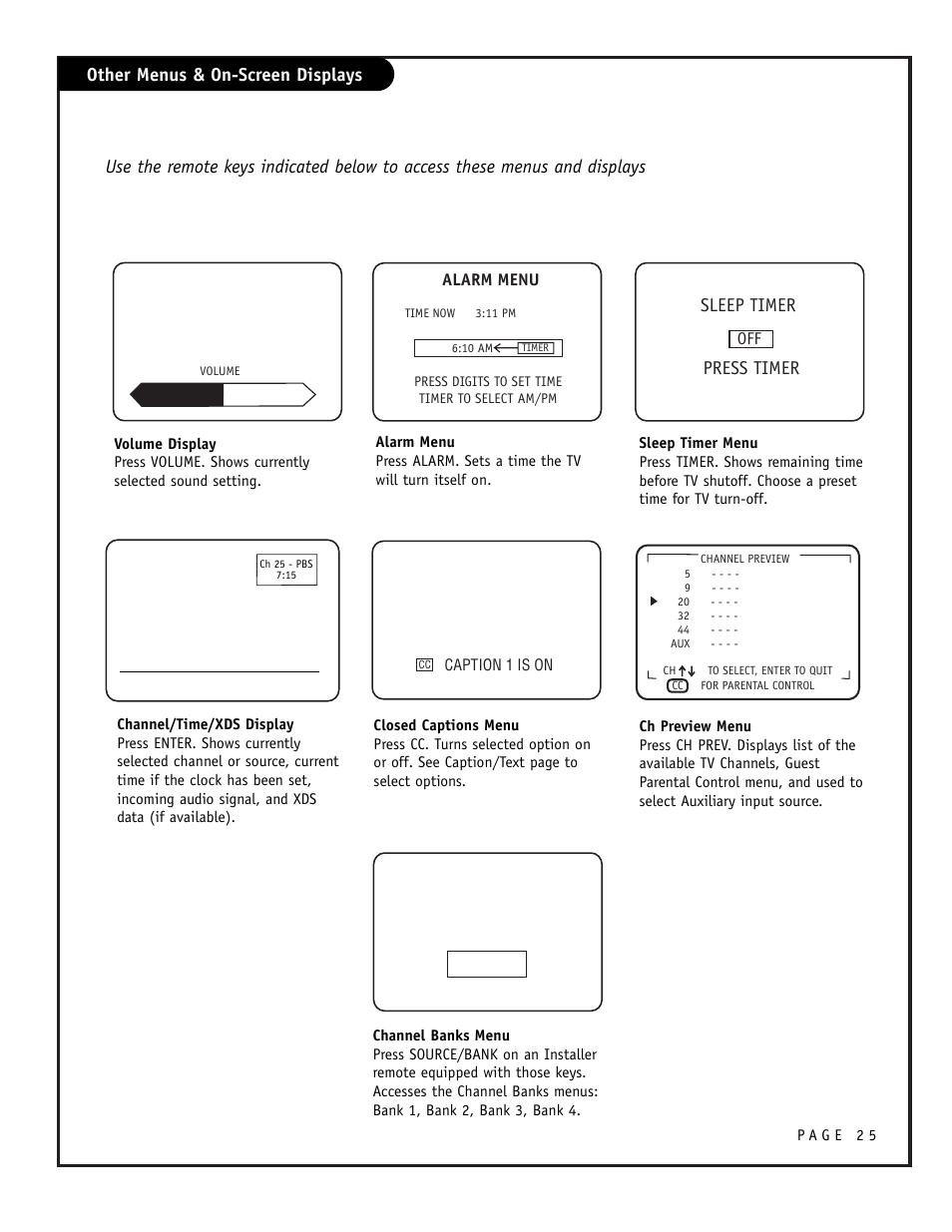 Other menus & on-screen displays sleep timer, Press timer, Channel bank bank 3 | Zenith CONCIERGE H25F39DT User Manual | Page 25 / 44