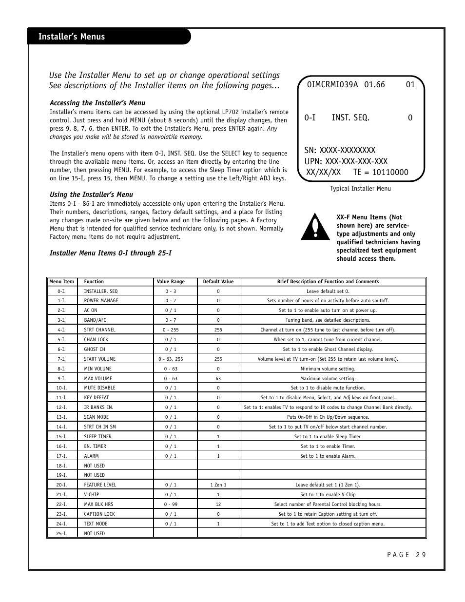 Installer’s menus, Accessing the installer’s menu, Using the installer’s menu | Installer menu items 0-i through 25-i | Zenith CONCIERGE H25F39DT User Manual | Page 29 / 44