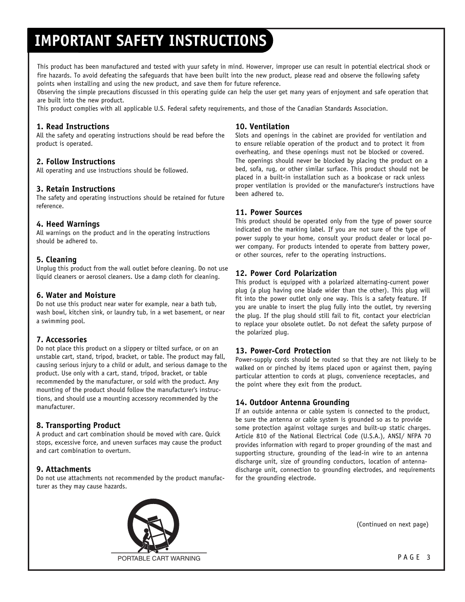 Important safety instructions | Zenith CONCIERGE H25F39DT User Manual | Page 3 / 44