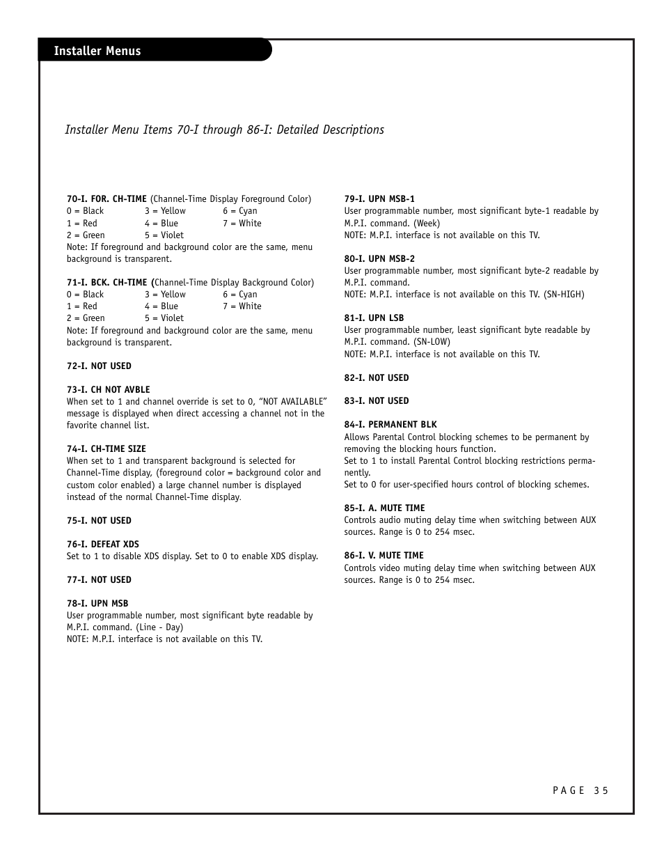 Installer menus | Zenith CONCIERGE H25F39DT User Manual | Page 35 / 44