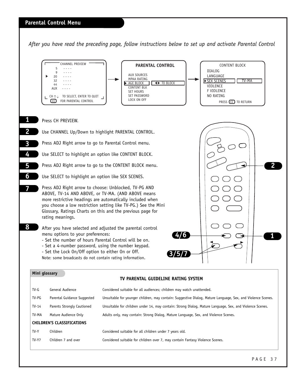 Parental control menu | Zenith CONCIERGE H25F39DT User Manual | Page 37 / 44