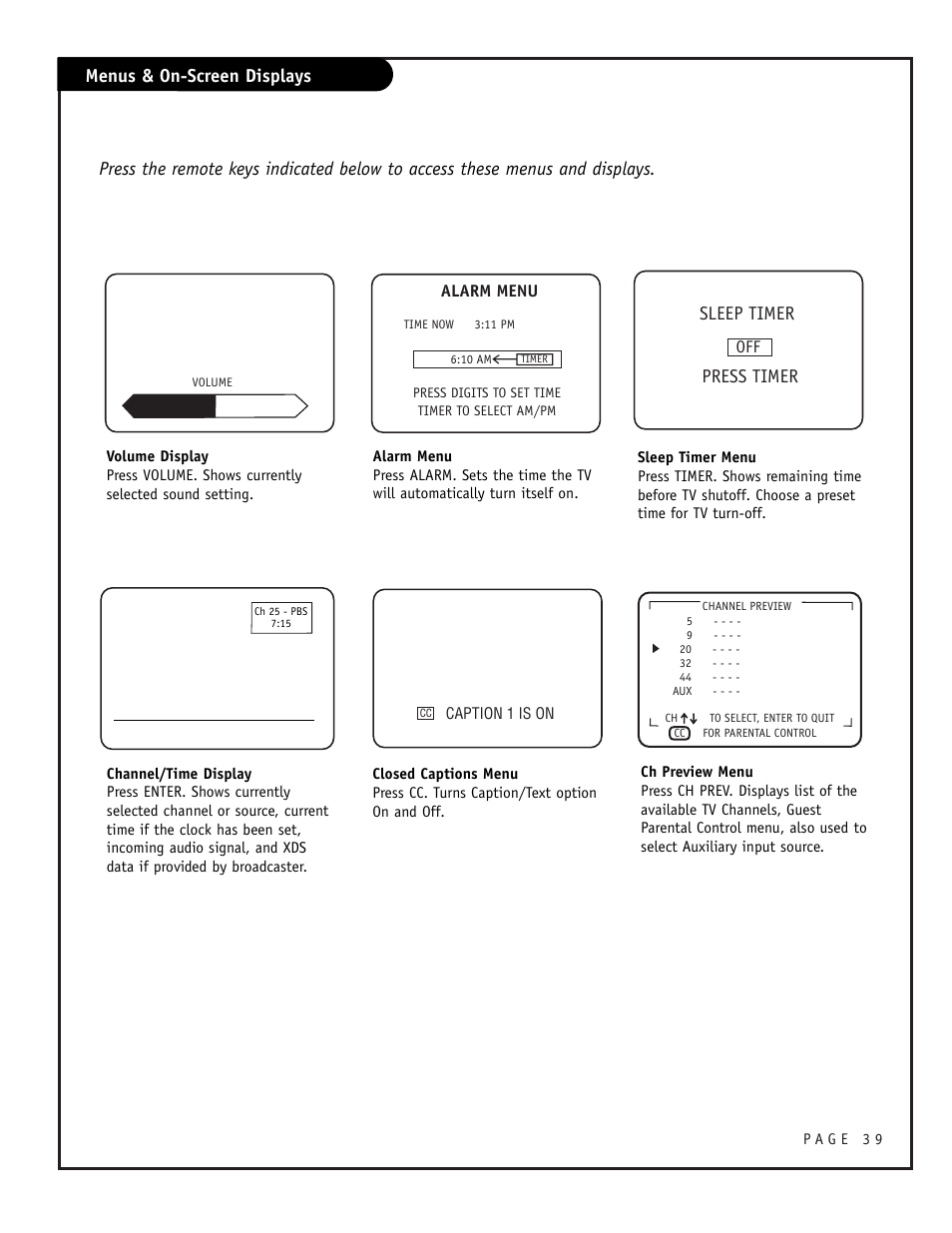 Menus & on-screen displays sleep timer, Press timer, Alarm menu | Zenith CONCIERGE H25F39DT User Manual | Page 39 / 44