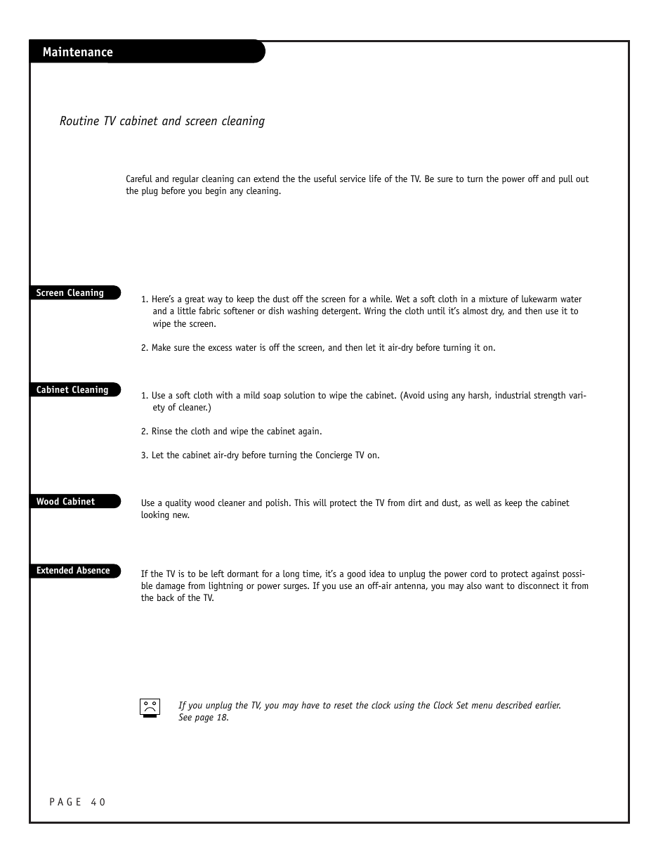 Routine tv cabinet and screen cleaning maintenance | Zenith CONCIERGE H25F39DT User Manual | Page 40 / 44