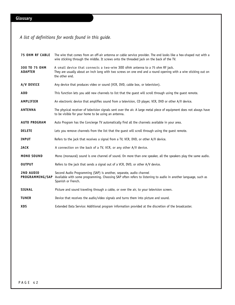 Glossary | Zenith CONCIERGE H25F39DT User Manual | Page 42 / 44