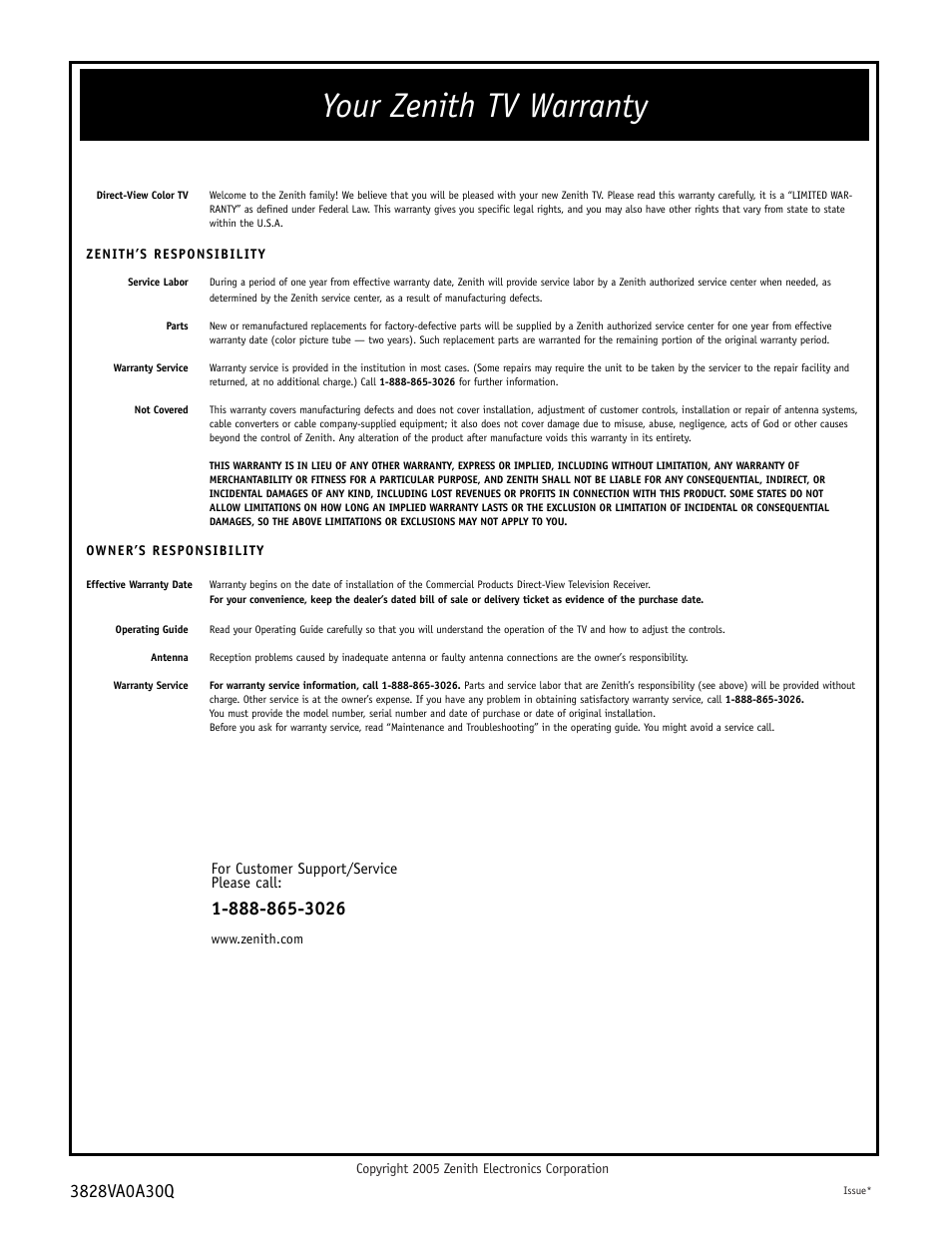 Your zenith tv warranty | Zenith CONCIERGE H25F39DT User Manual | Page 44 / 44