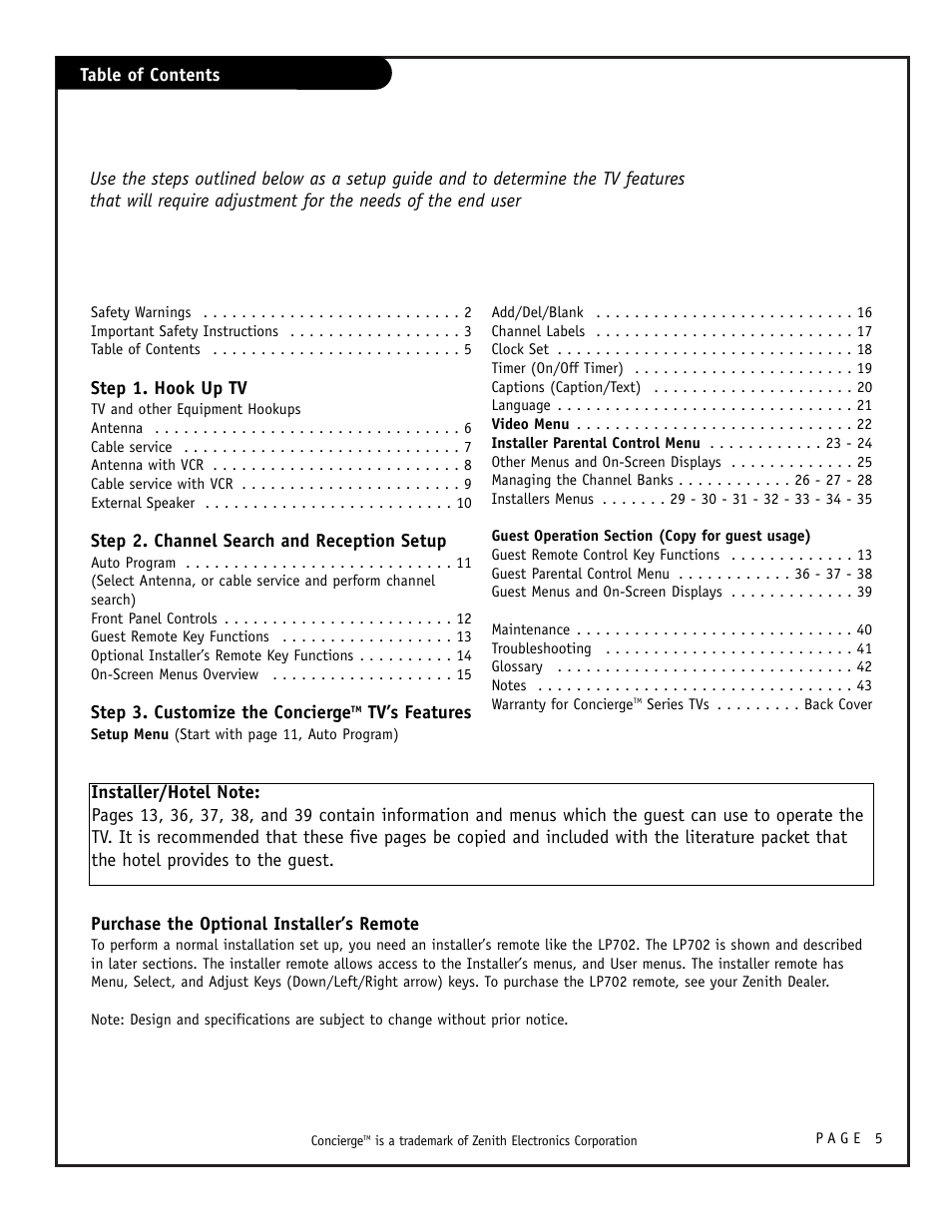 Zenith CONCIERGE H25F39DT User Manual | Page 5 / 44