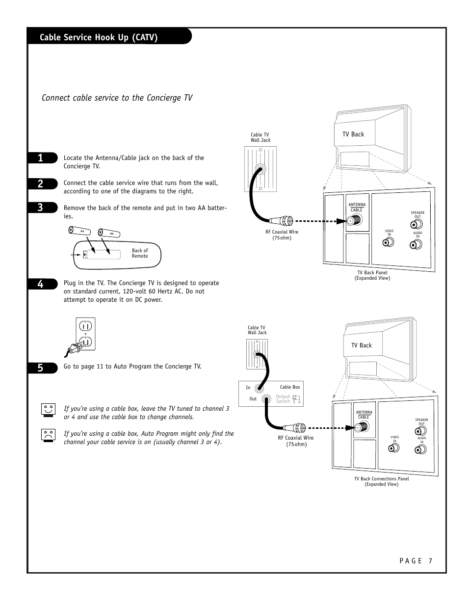 Cable service hook up (catv), Connect cable service to the concierge tv | Zenith CONCIERGE H25F39DT User Manual | Page 7 / 44