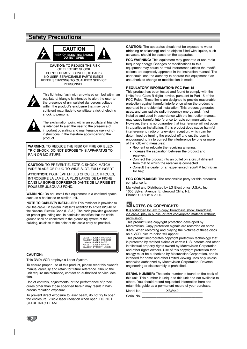 Safety precautions, Caution | Zenith XBV 442 User Manual | Page 2 / 13