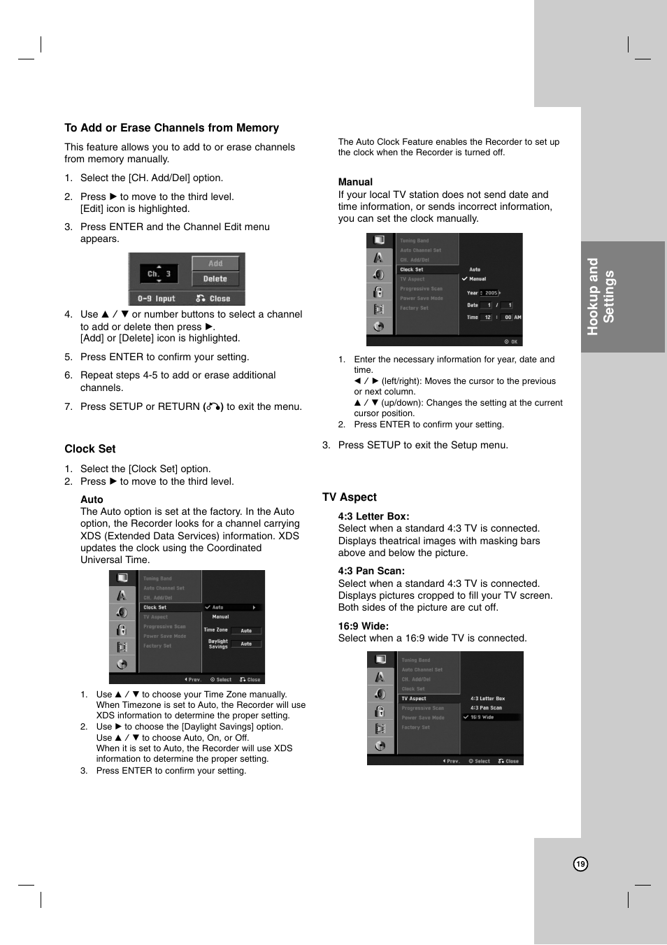 Hookup and settings | Zenith ZRY-316 User Manual | Page 19 / 56