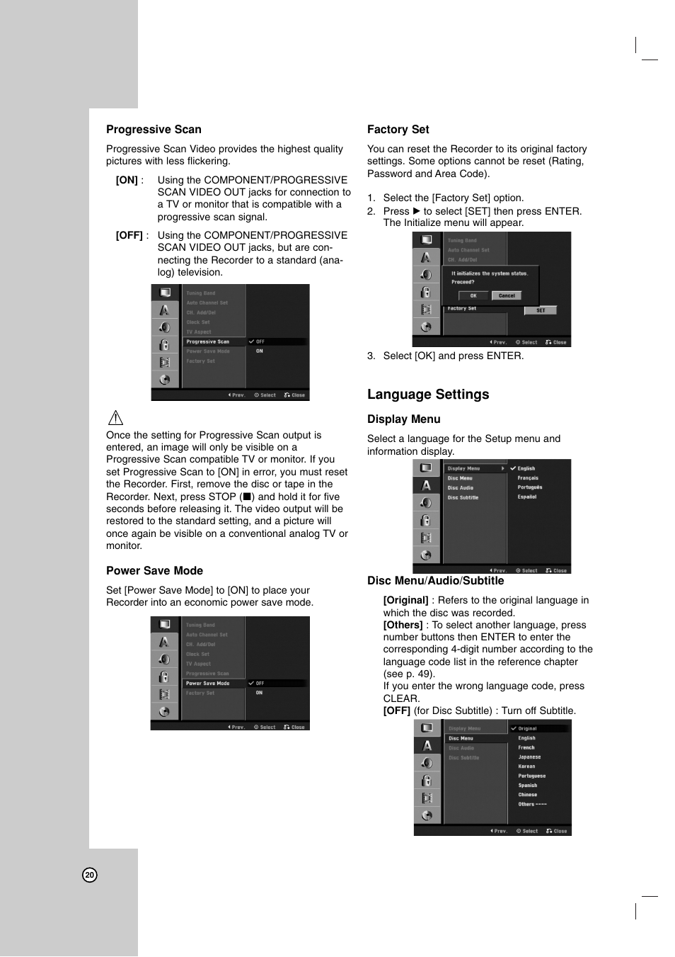 Language settings | Zenith ZRY-316 User Manual | Page 20 / 56