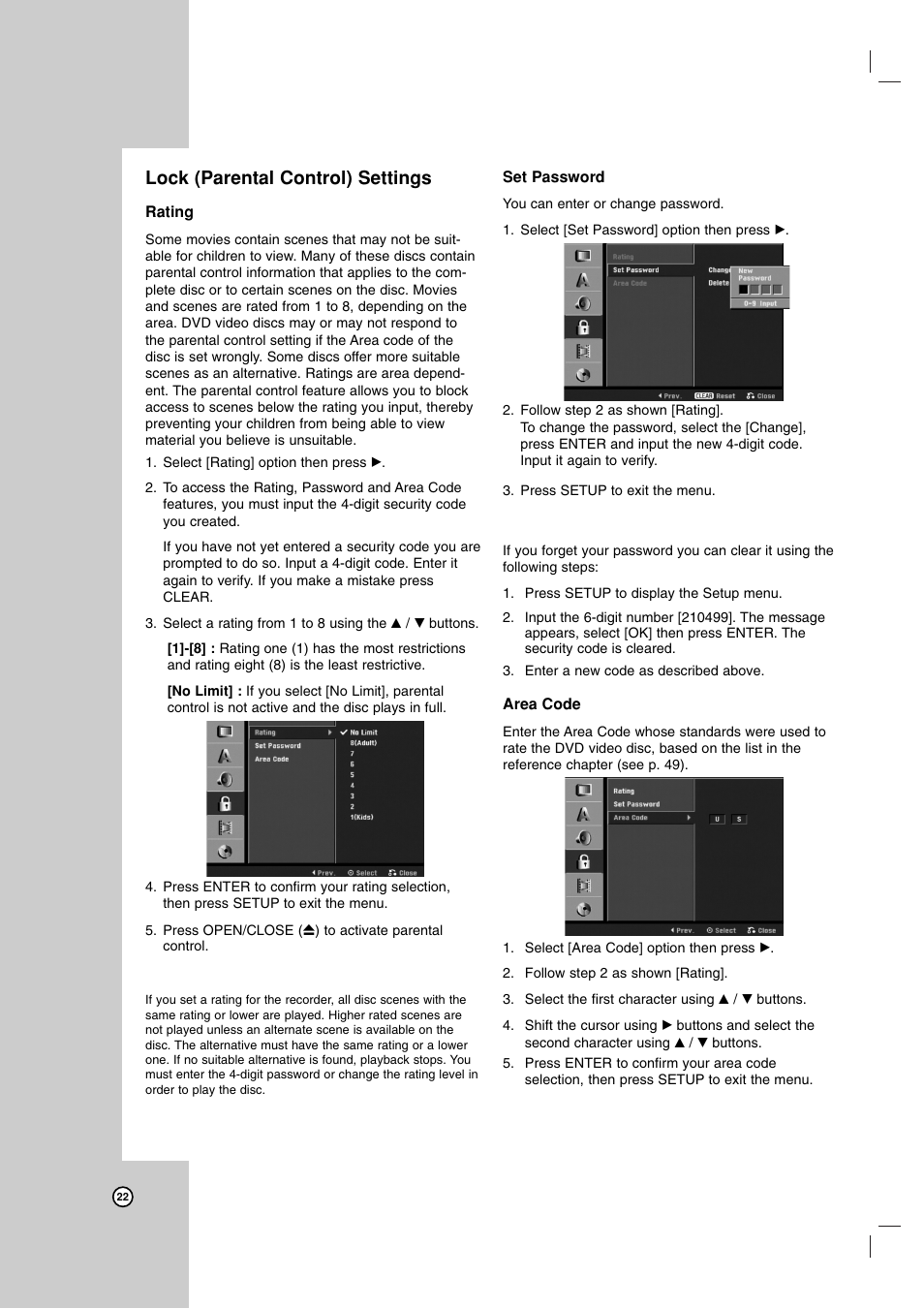 Lock (parental control) settings | Zenith ZRY-316 User Manual | Page 22 / 56