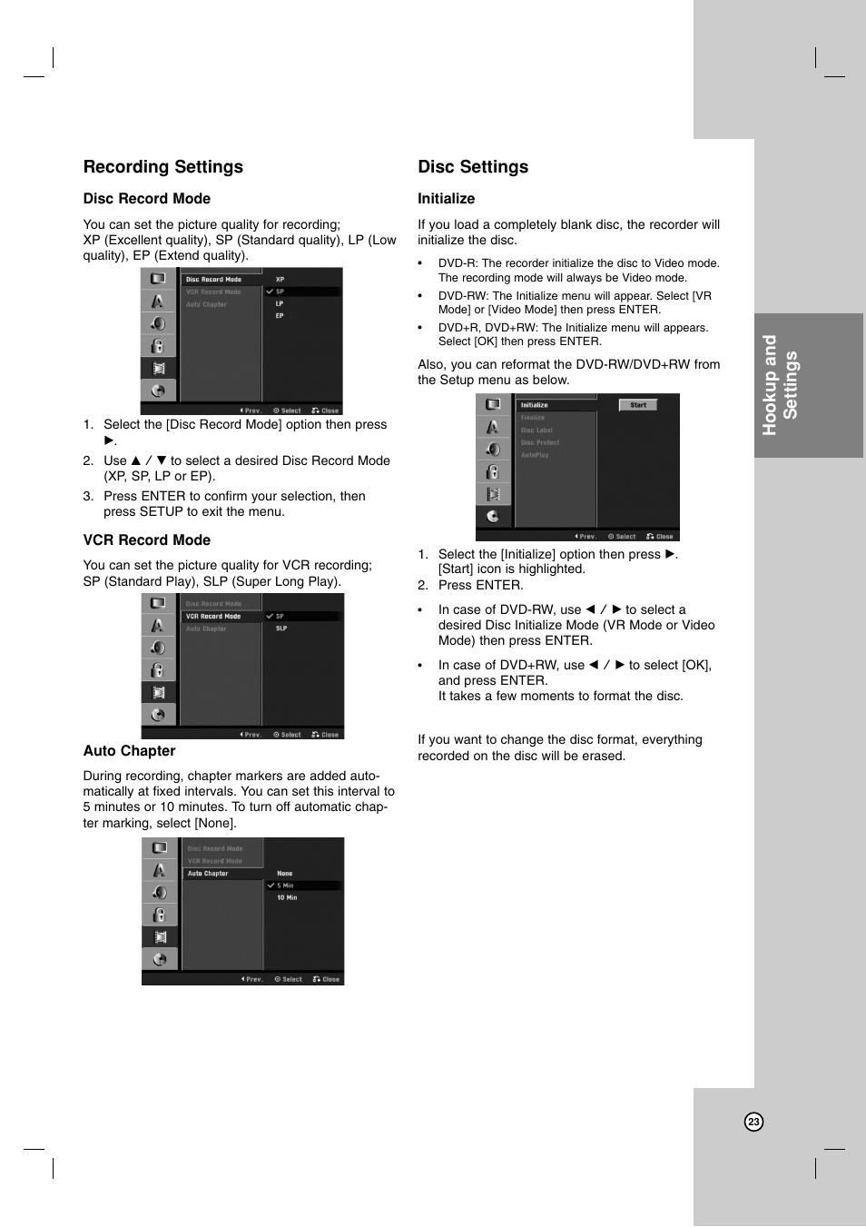 Recording settings, Disc settings, Hookup and settings | Zenith ZRY-316 User Manual | Page 23 / 56