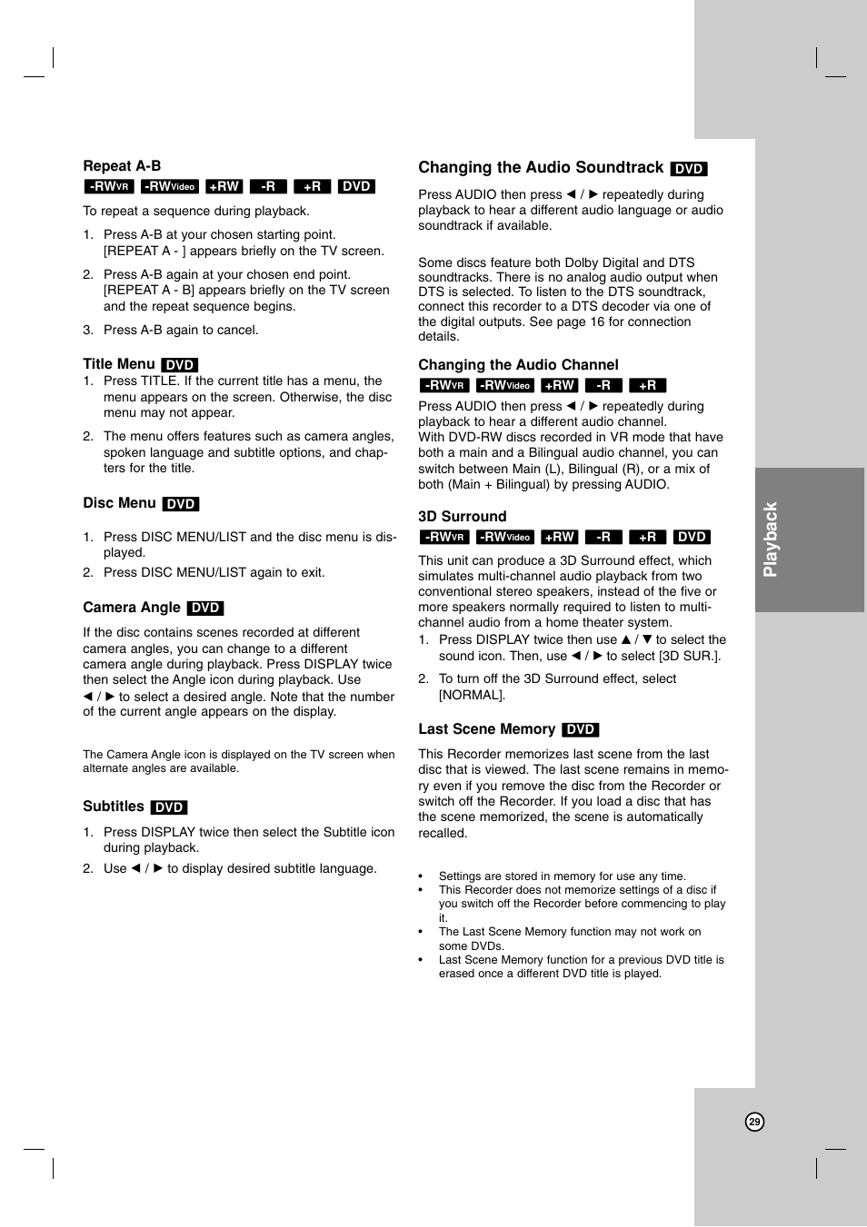 Playback | Zenith ZRY-316 User Manual | Page 29 / 56