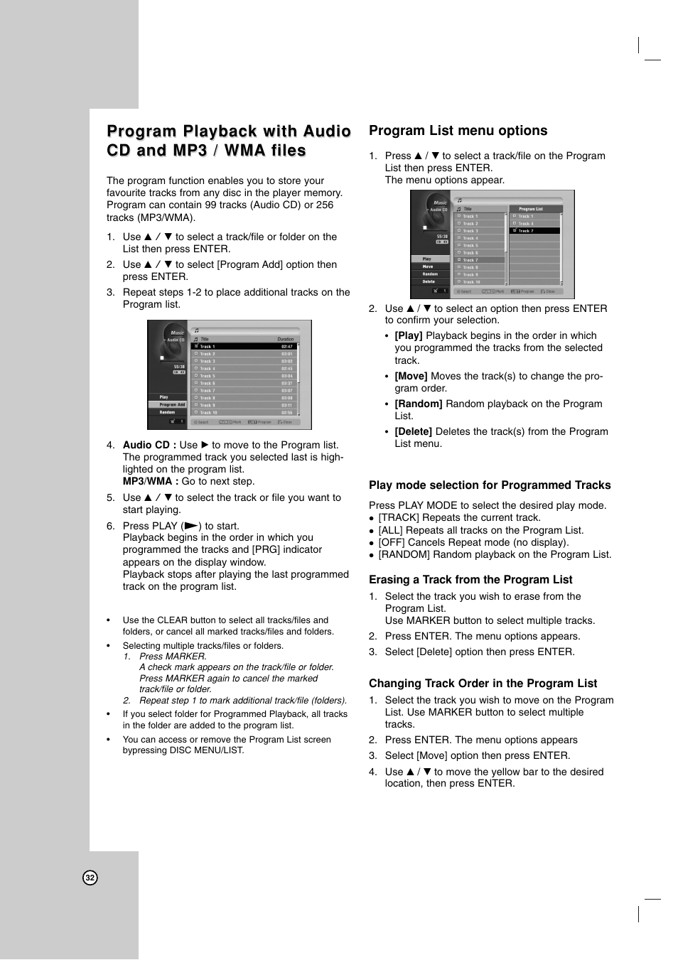 Program playback with, Program list menu options | Zenith ZRY-316 User Manual | Page 32 / 56