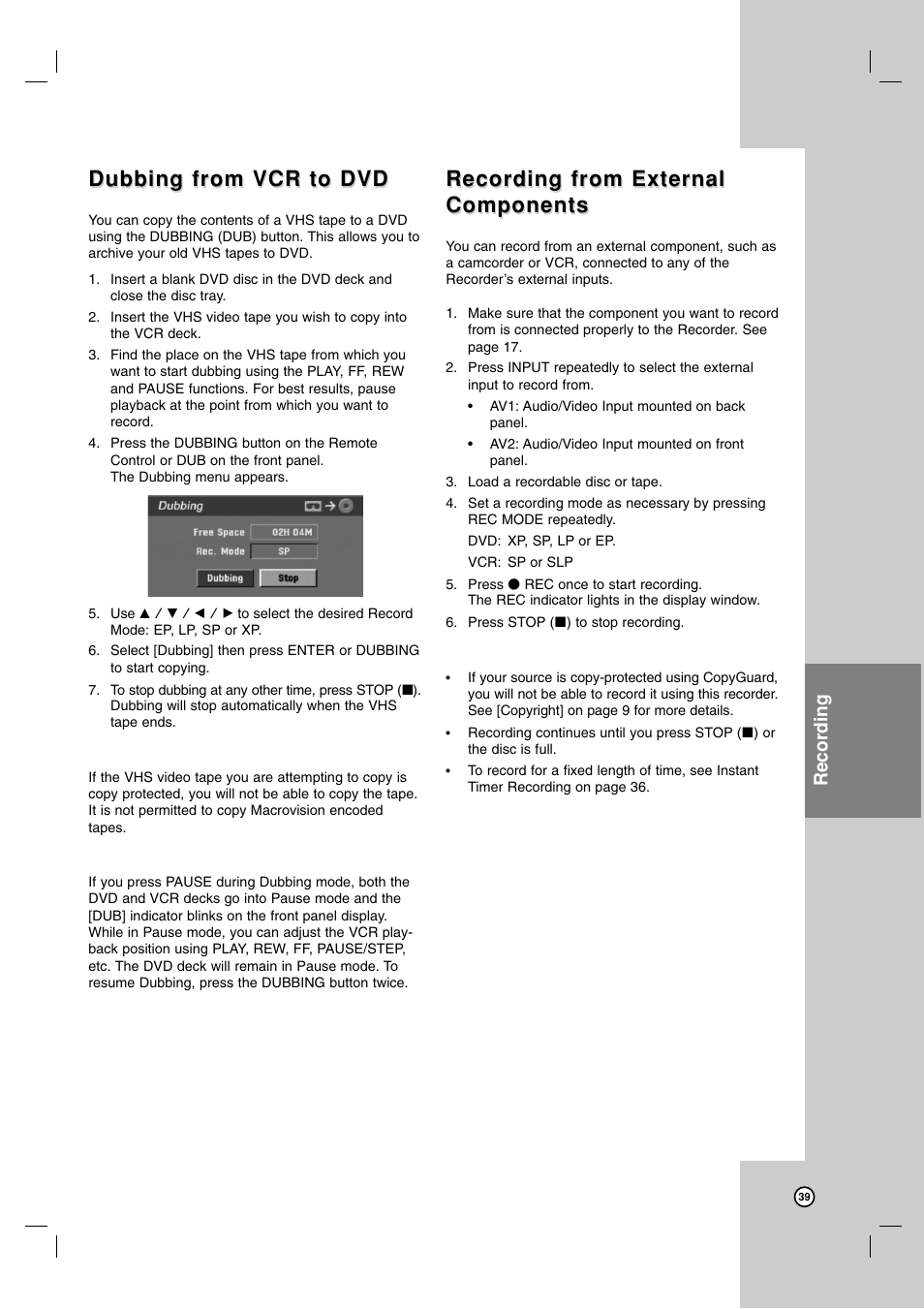 Dubbing from vcr to dvd, Recording from external, Recording from external components components | Recording | Zenith ZRY-316 User Manual | Page 39 / 56