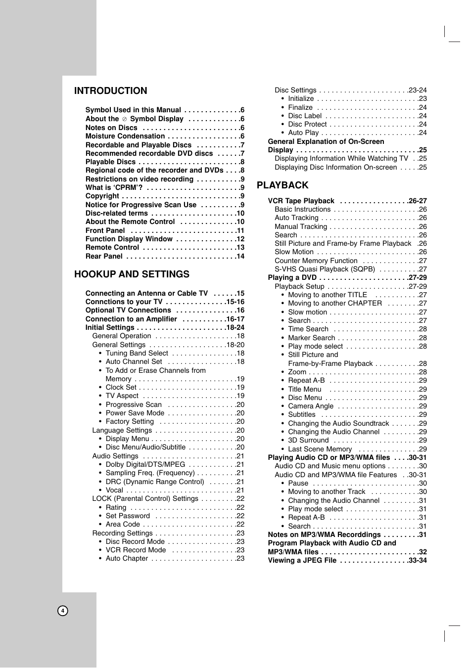 Introduction, Hookup and settings, Playback | Zenith ZRY-316 User Manual | Page 4 / 56