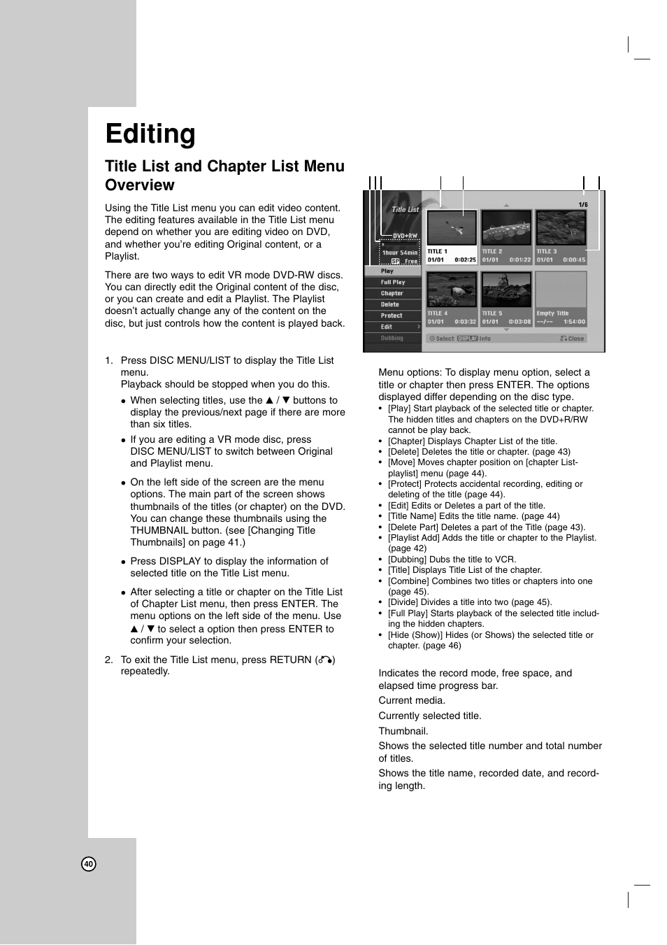 Editing, Title list and chapter list menu overview | Zenith ZRY-316 User Manual | Page 40 / 56