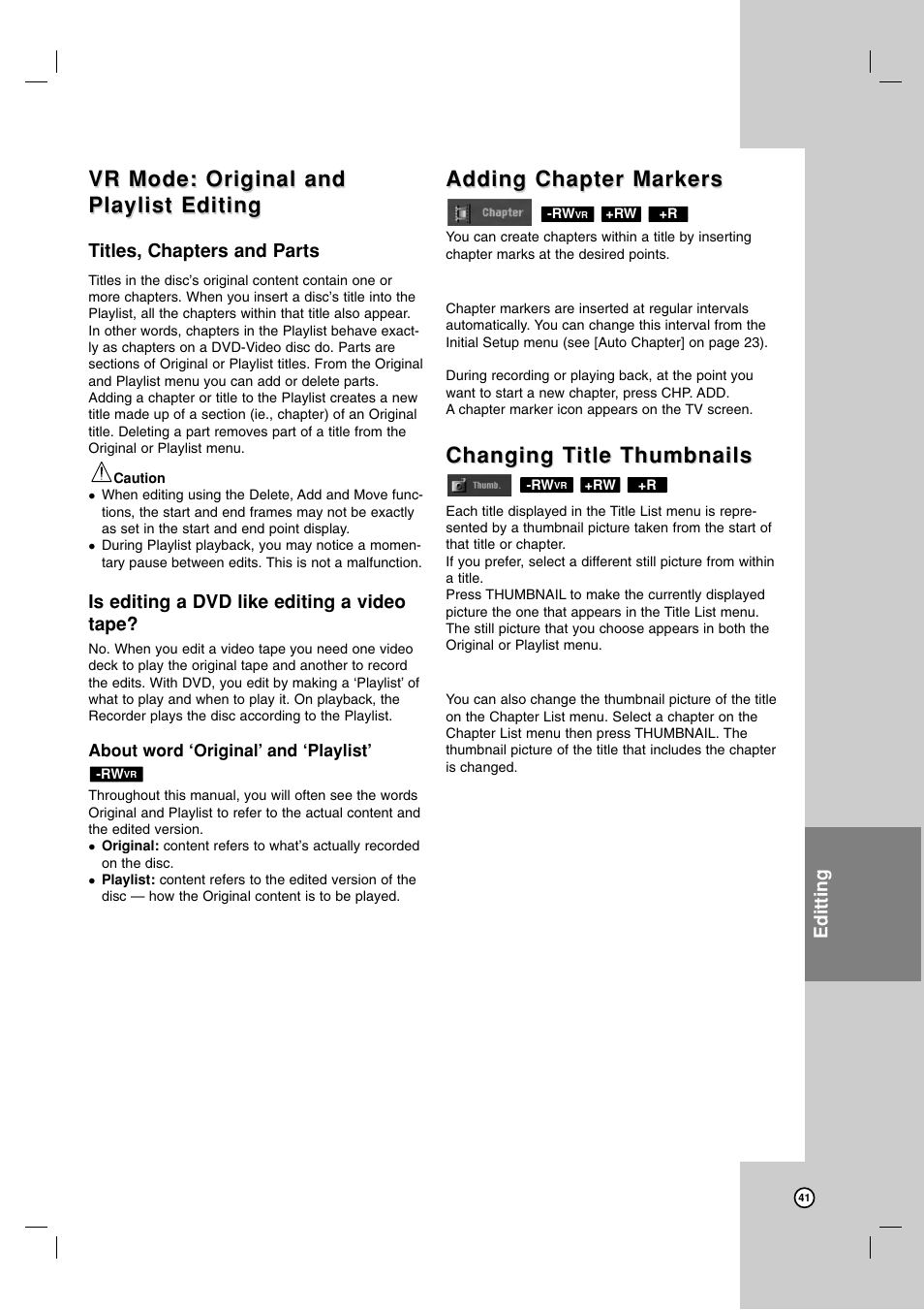 Vr mode: original and, Adding chapter markers, Changing t | Changing t itle thumbnails itle thumbnails | Zenith ZRY-316 User Manual | Page 41 / 56