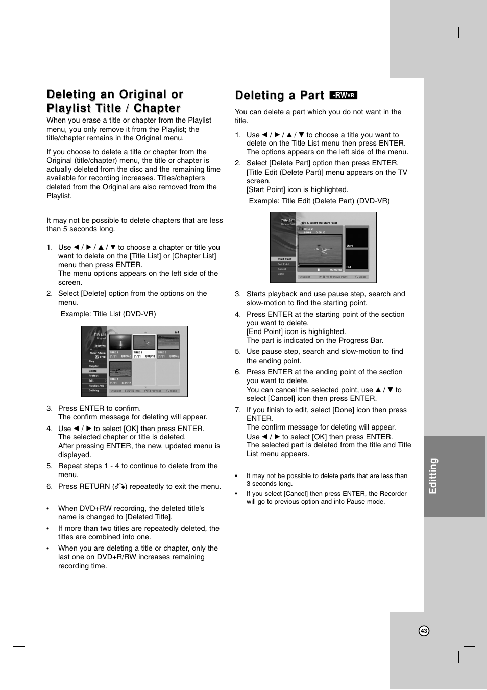 Deleting an original or, Deleting a part, Editting | Zenith ZRY-316 User Manual | Page 43 / 56