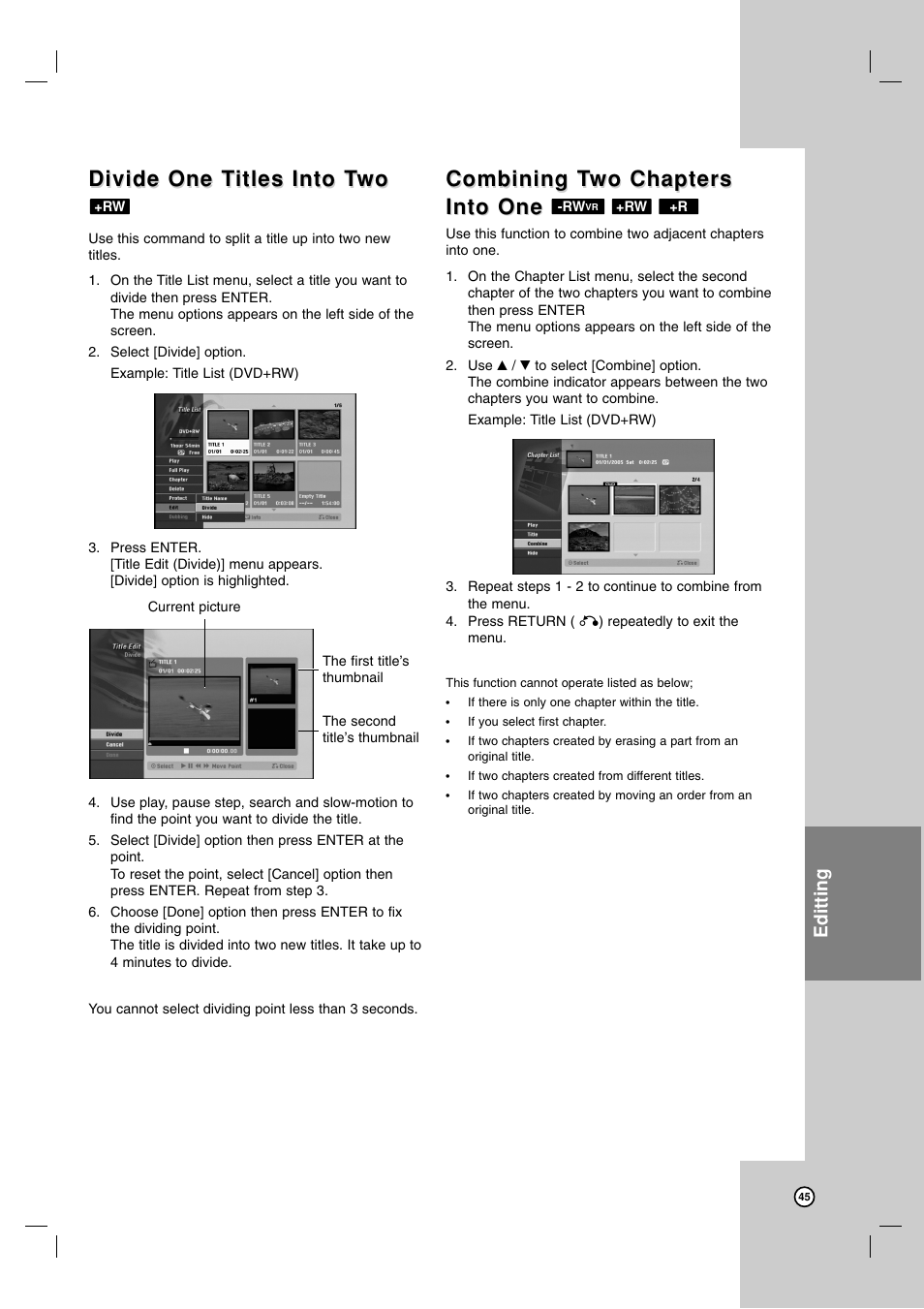 Divide one t, Divide one t itles into t itles into t wo wo, Combining t | Editting | Zenith ZRY-316 User Manual | Page 45 / 56