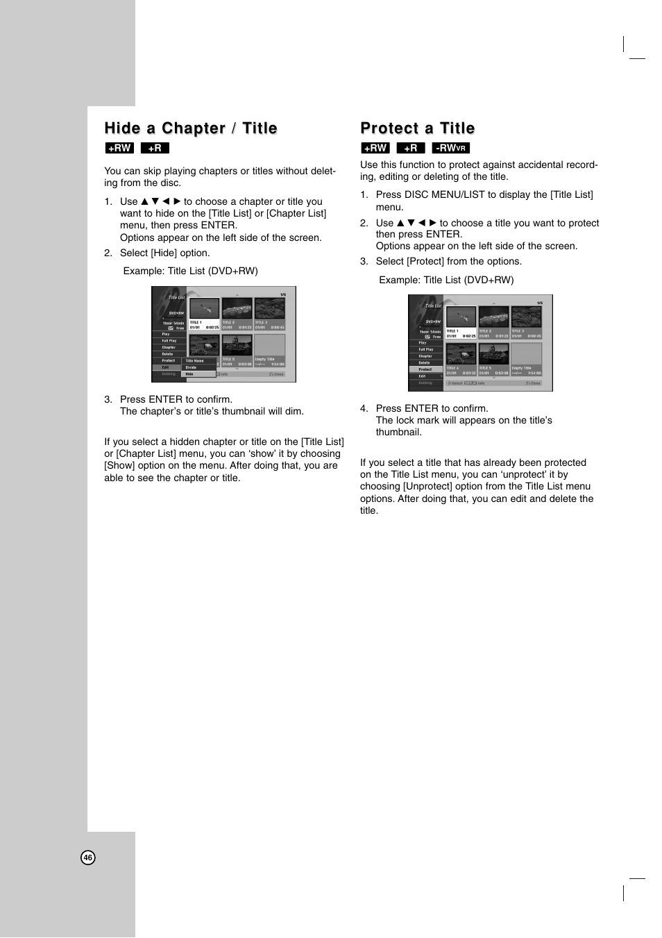 Hide a chapter / t, Hide a chapter / t itle itle, Protect a t | Protect a t itle itle | Zenith ZRY-316 User Manual | Page 46 / 56