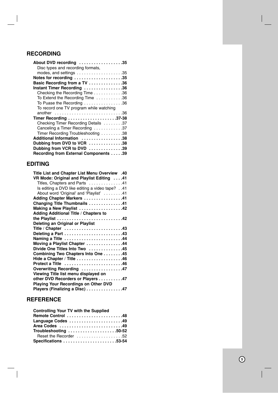 Dubbing, Recording, Editing | Reference | Zenith ZRY-316 User Manual | Page 5 / 56