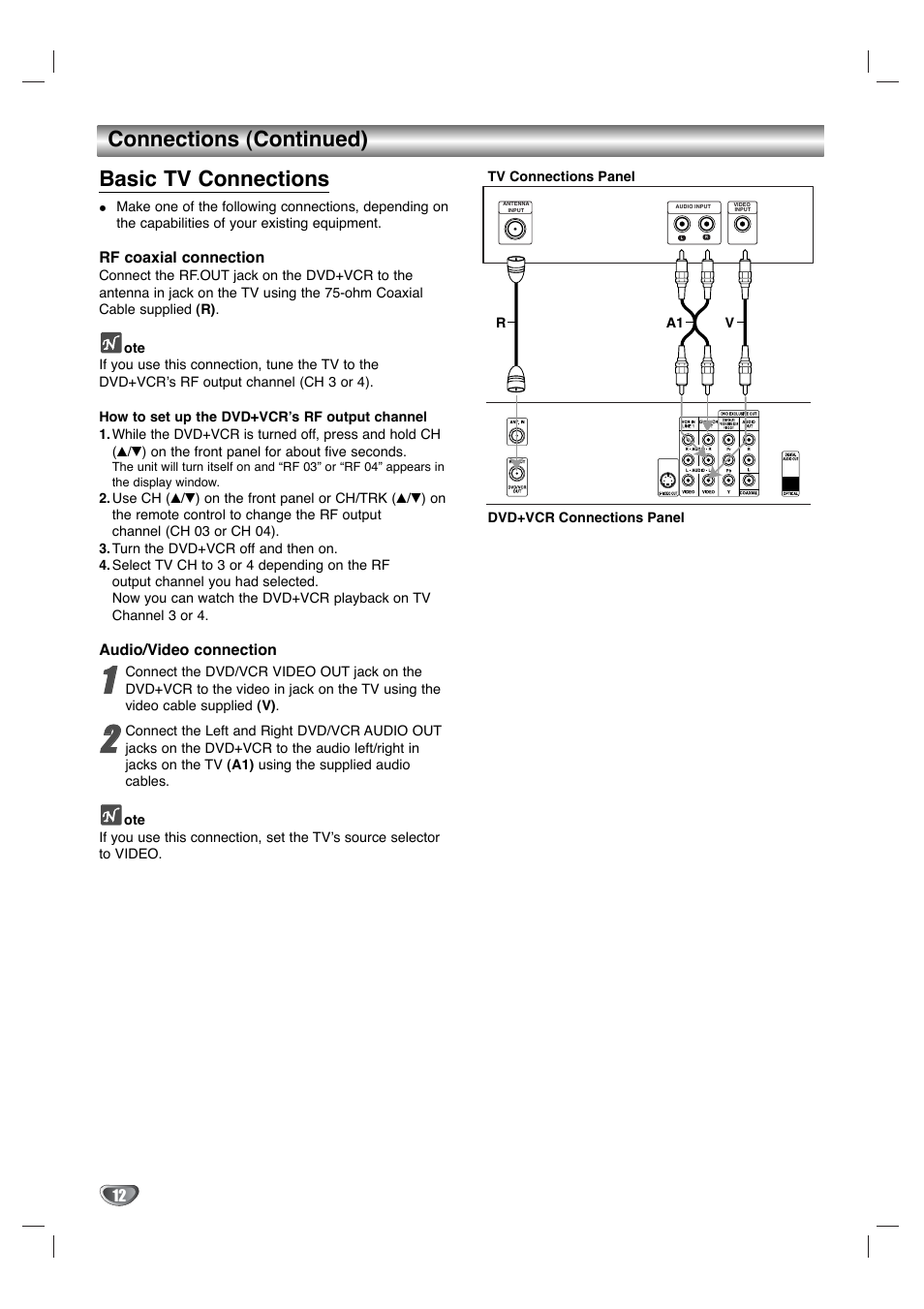 Connections (continued) basic tv connections | Zenith XBV342 User Manual | Page 12 / 40