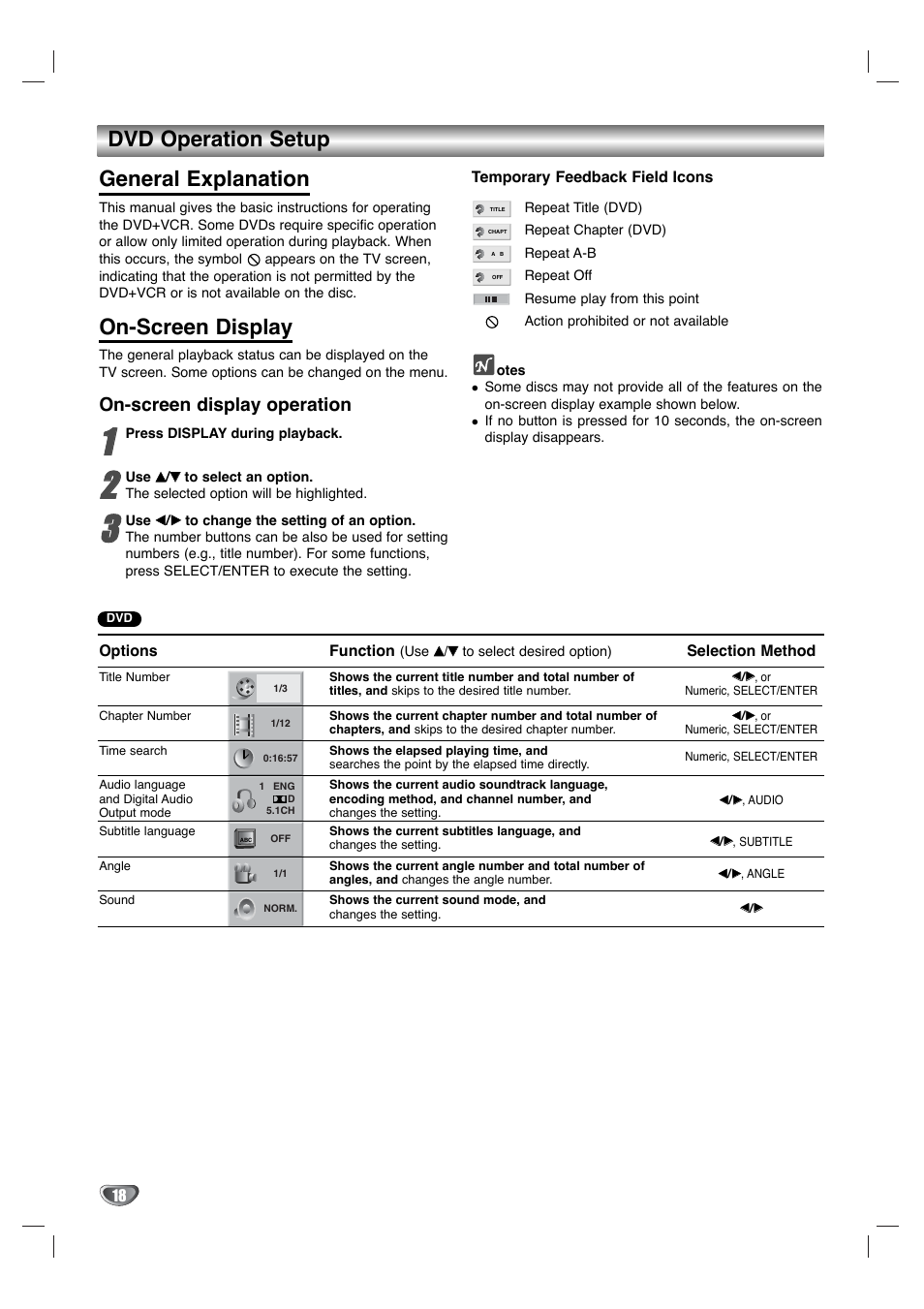 Dvd operation setup general explanation, On-screen display, On-screen display operation | Zenith XBV342 User Manual | Page 18 / 40