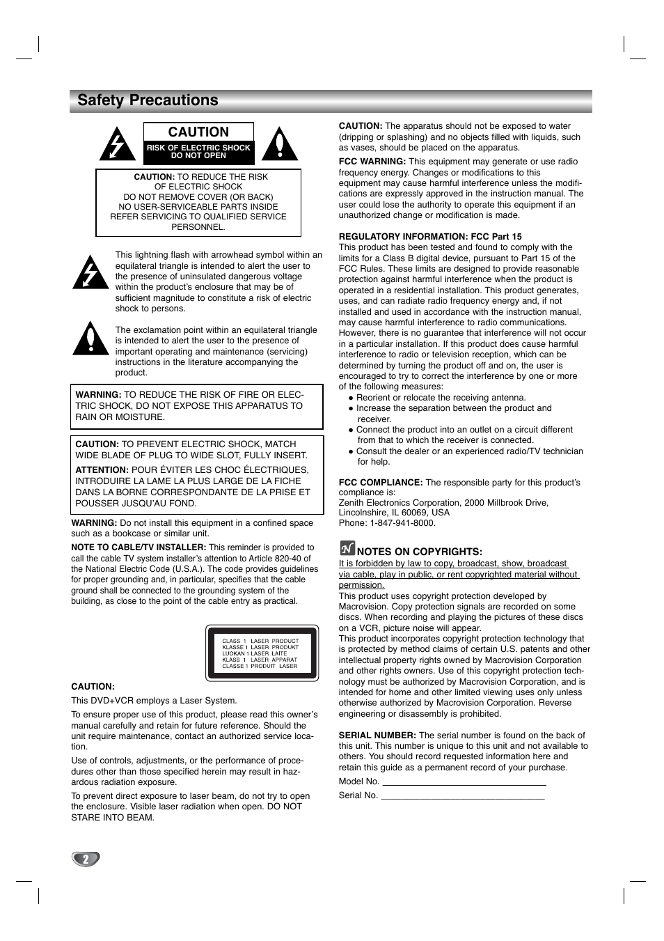 Safety precautions, Caution | Zenith XBV342 User Manual | Page 2 / 40