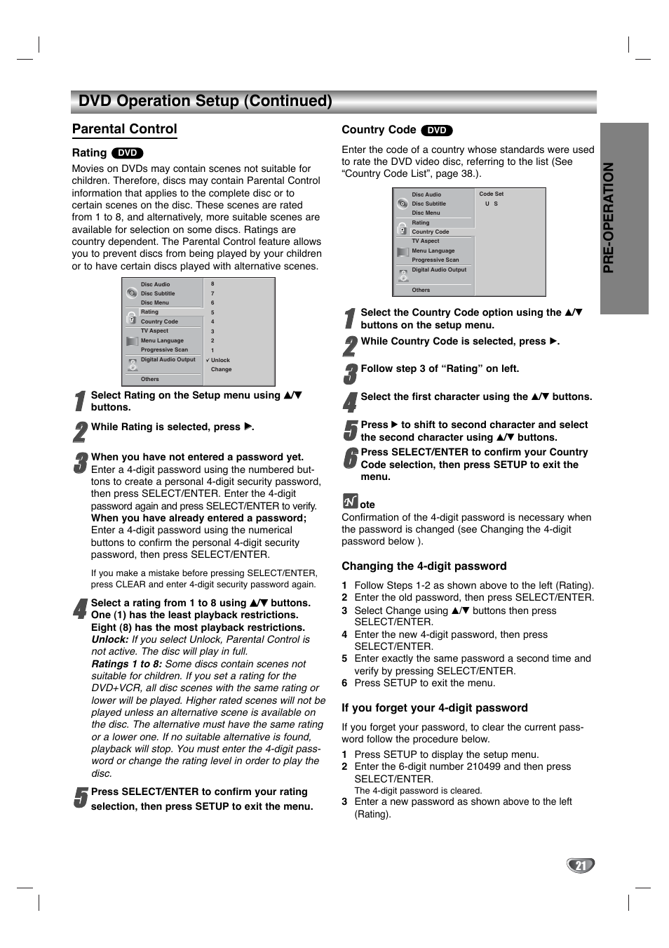 Dvd operation setup (continued), Pre-opera tion, Parental control | Zenith XBV342 User Manual | Page 21 / 40