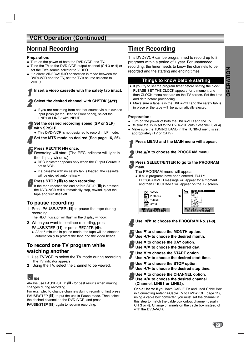 Vcr operation (continued) normal recording, Timer recording | Zenith XBV342 User Manual | Page 23 / 40