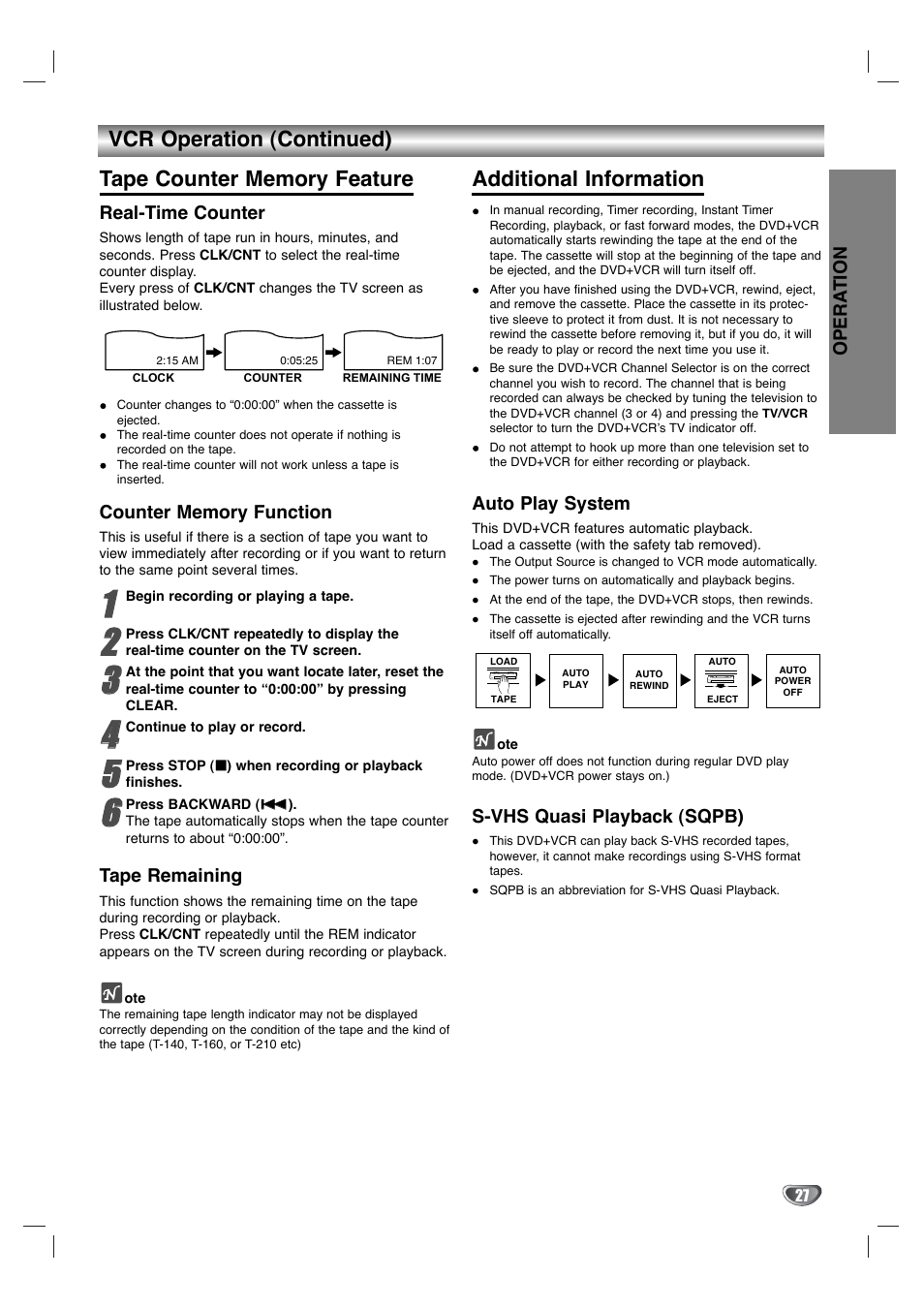 Additional information, Opera tion, Real-time counter | Tape remaining, Auto play system, S-vhs quasi playback (sqpb) | Zenith XBV342 User Manual | Page 27 / 40