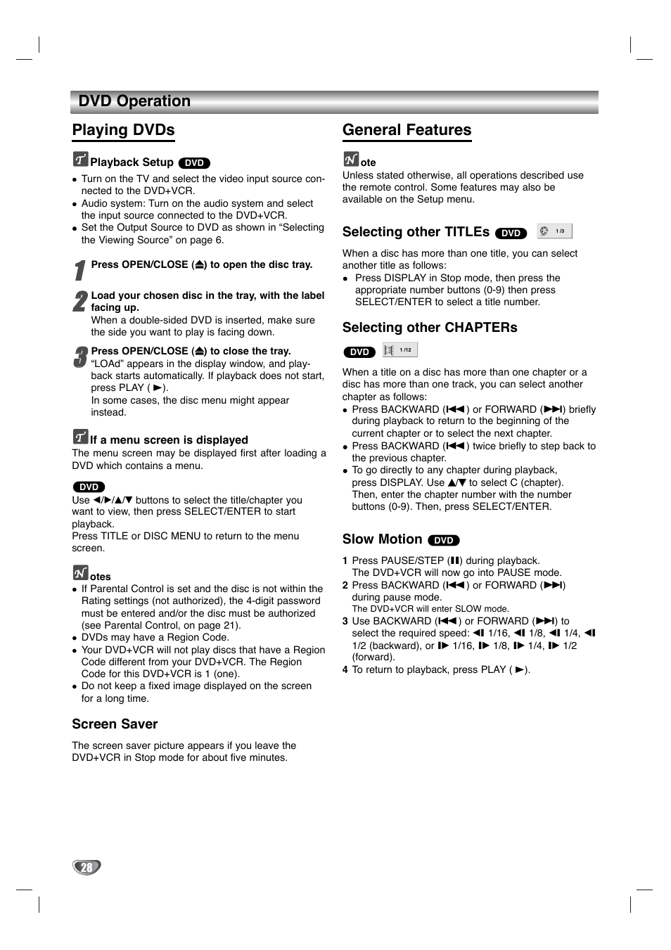 Dvd operation playing dvds, General features, Screen saver | Selecting other titles, Selecting other chapters, Slow motion | Zenith XBV342 User Manual | Page 28 / 40